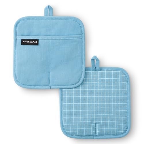 KITCHENAID Gourmet Series Gridlines Pot Holders 2Pack Set Heat Resistant up to 600F Soft Silicone Grip Magnetic Cuff Blue Velvet 8x8 - Image 1