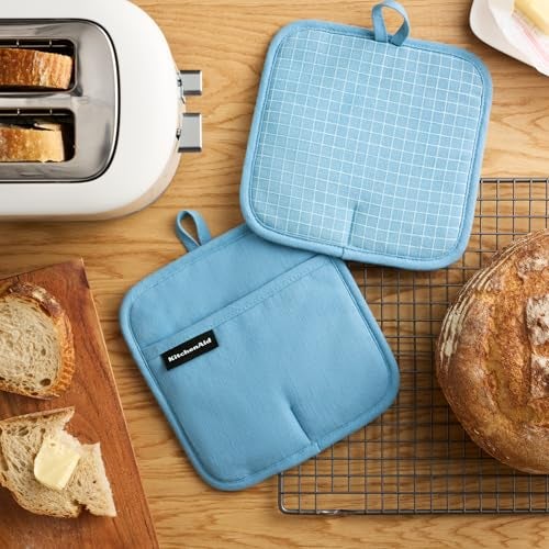 KITCHENAID Gourmet Series Gridlines Pot Holders 2Pack Set Heat Resistant up to 600F Soft Silicone Grip Magnetic Cuff Blue Velvet 8x8 - Image 3