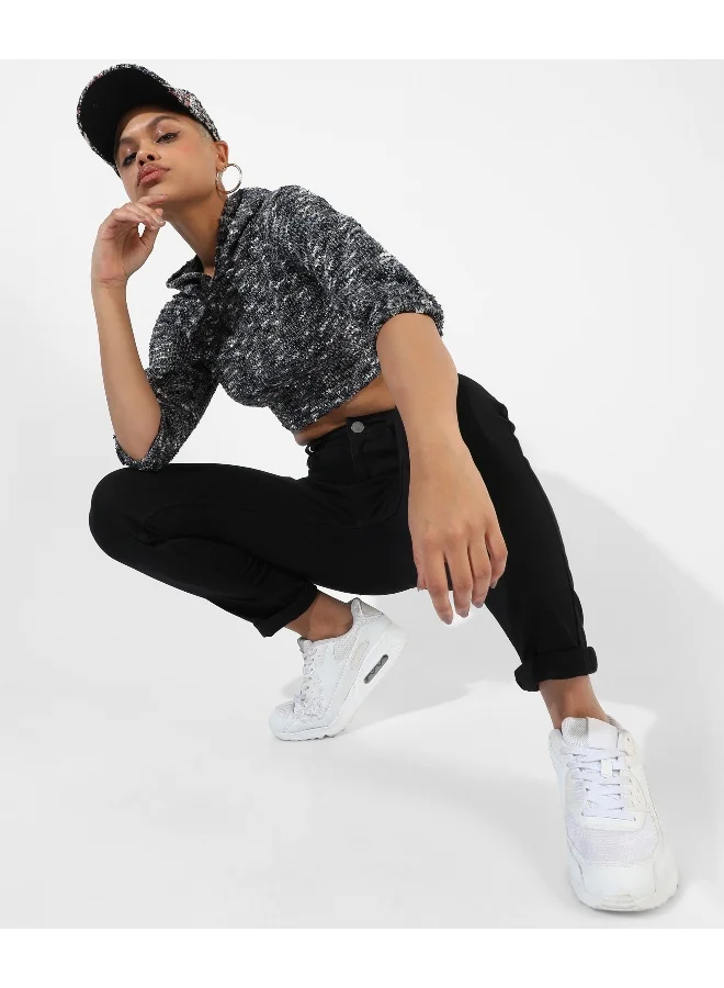 Campus Sutra Women's Charcoal Grey Textured Regular Fit Top For Casual Wear | Hooded Neck | Long Sleeve | Top Crafted With Regular Sleeve, Comfort Fit & High-Performance For Everyday Wear