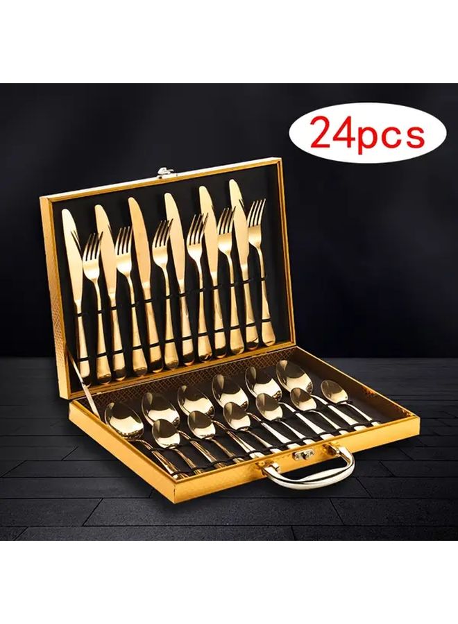 24 Piece Golden Tone Stainless Steel Dinnerware Set Black Gold Gift Box Home Hotel Restaurant Picnic - Image 1