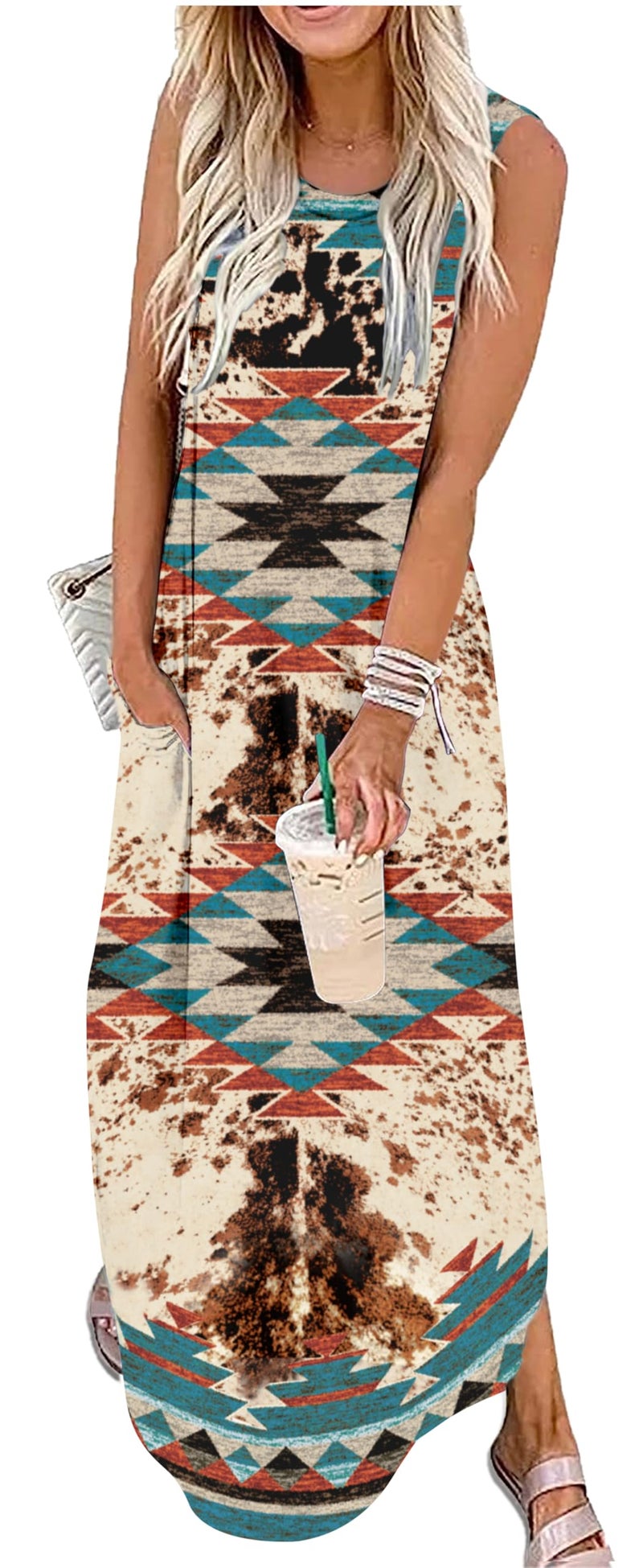 CHUNTIANRAN Western Dress for Women Rodeo Outfit Country Concert Maxi Dress Women Cowgirl Dress Boho Beach Long Dresses with Pockets(Aztec Multicolor,Medium) - Image 1