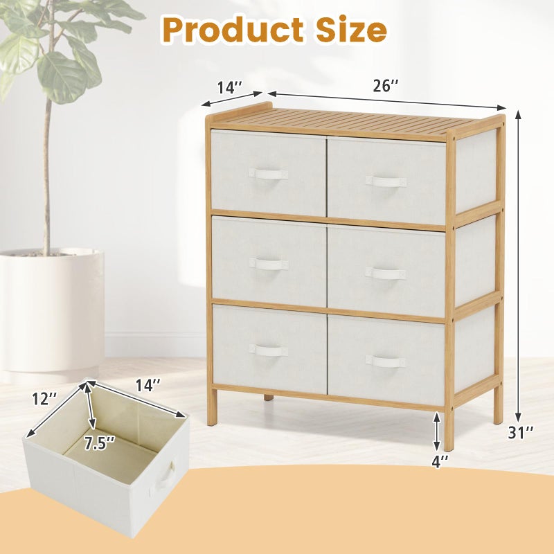 Giantex 6-Drawer Dresser for Bedroom, Bamboo Storage Tower with 6 Foldable Fabric Drawers & Top Shelf, Modern Chest of Drawers, Vertical Organizer Unit for Closet, Living Room (14" D x 26" W x 31" H) - Image 2