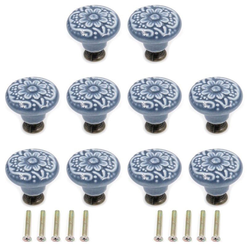 Geesatis 10 pcs Ceramic knobs Drawer Cabinet Pull Handle Knobs Furniture Decorative Pull Tool with Mounting Screws Light Blue 14 inch Diameter