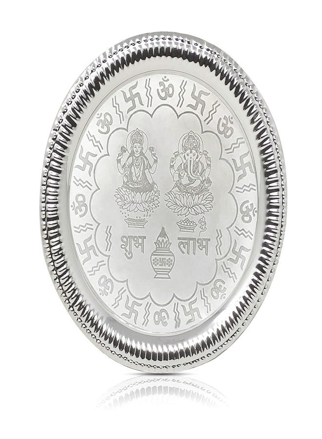 BENGALEN Pooja Thali Set Silver Plated with Grey Gift Box Designed 22 cm Puja Plate Kalash Bowl Ghanti Spoon Dhup Dan Diya for Home Office Diwali Wedding Return Gift Items - Image 3