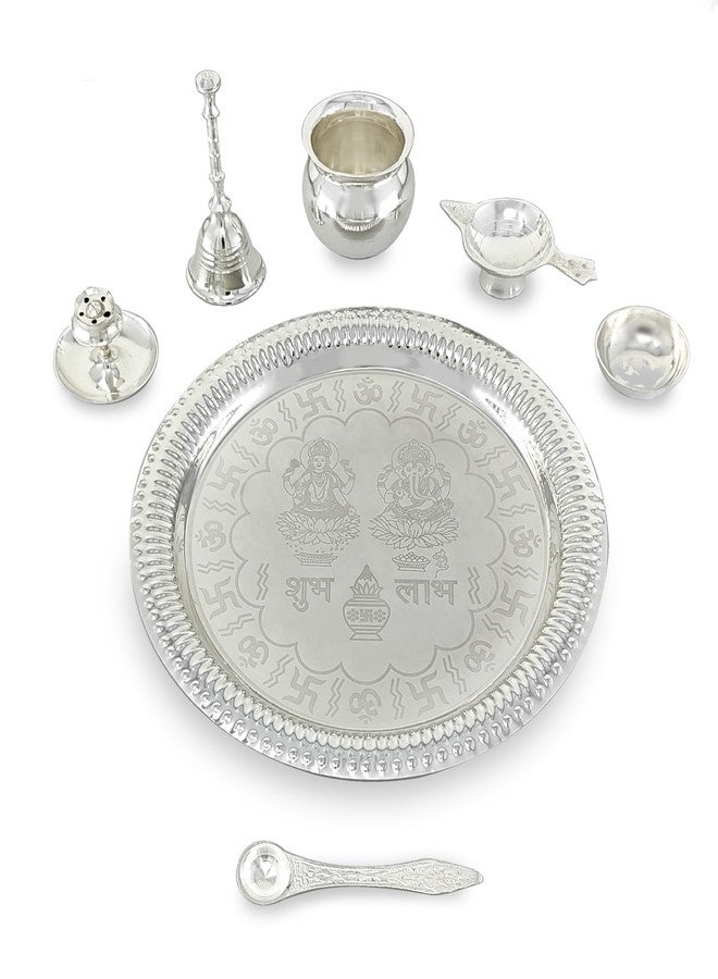 BENGALEN Pooja Thali Set Silver Plated with Grey Gift Box Designed 22 cm Puja Plate Kalash Bowl Ghanti Spoon Dhup Dan Diya for Home Office Diwali Wedding Return Gift Items - Image 5