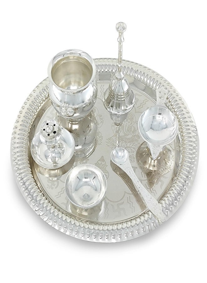 BENGALEN Pooja Thali Set Silver Plated with Grey Gift Box Designed 22 cm Puja Plate Kalash Bowl Ghanti Spoon Dhup Dan Diya for Home Office Diwali Wedding Return Gift Items - Image 4