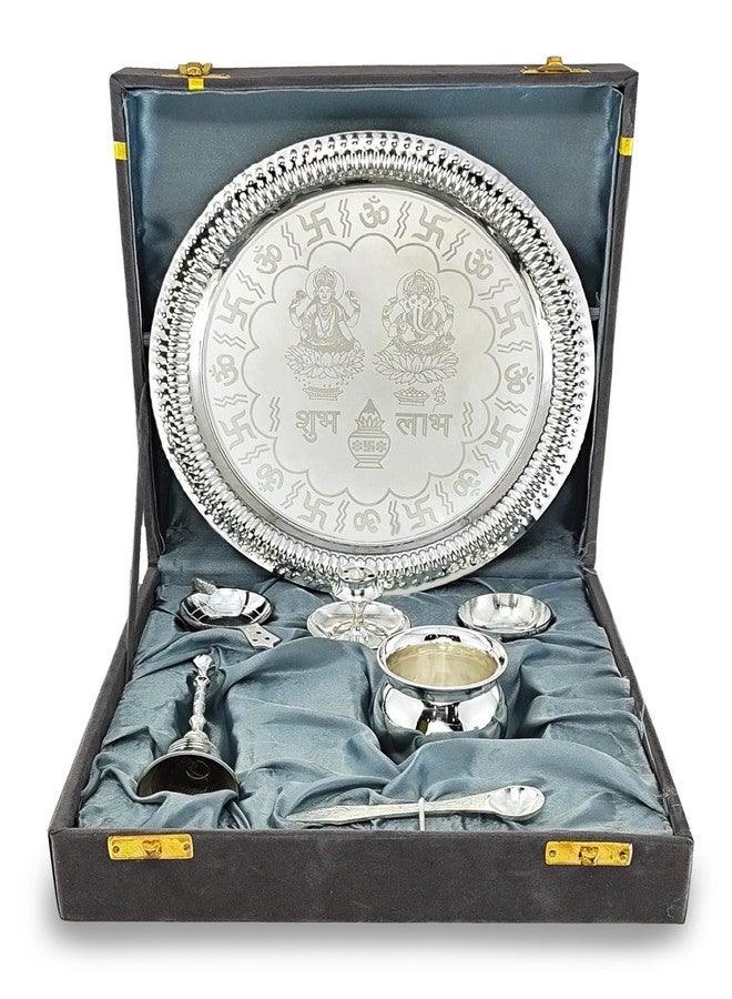 BENGALEN Pooja Thali Set Silver Plated with Grey Gift Box Designed 22 cm Puja Plate Kalash Bowl Ghanti Spoon Dhup Dan Diya for Home Office Diwali Wedding Return Gift Items - Image 1