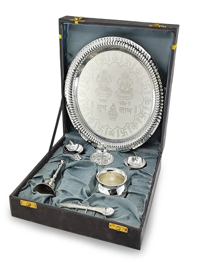 BENGALEN Pooja Thali Set Silver Plated with Grey Gift Box Designed 22 cm Puja Plate Kalash Bowl Ghanti Spoon Dhup Dan Diya for Home Office Diwali Wedding Return Gift Items - Image 2