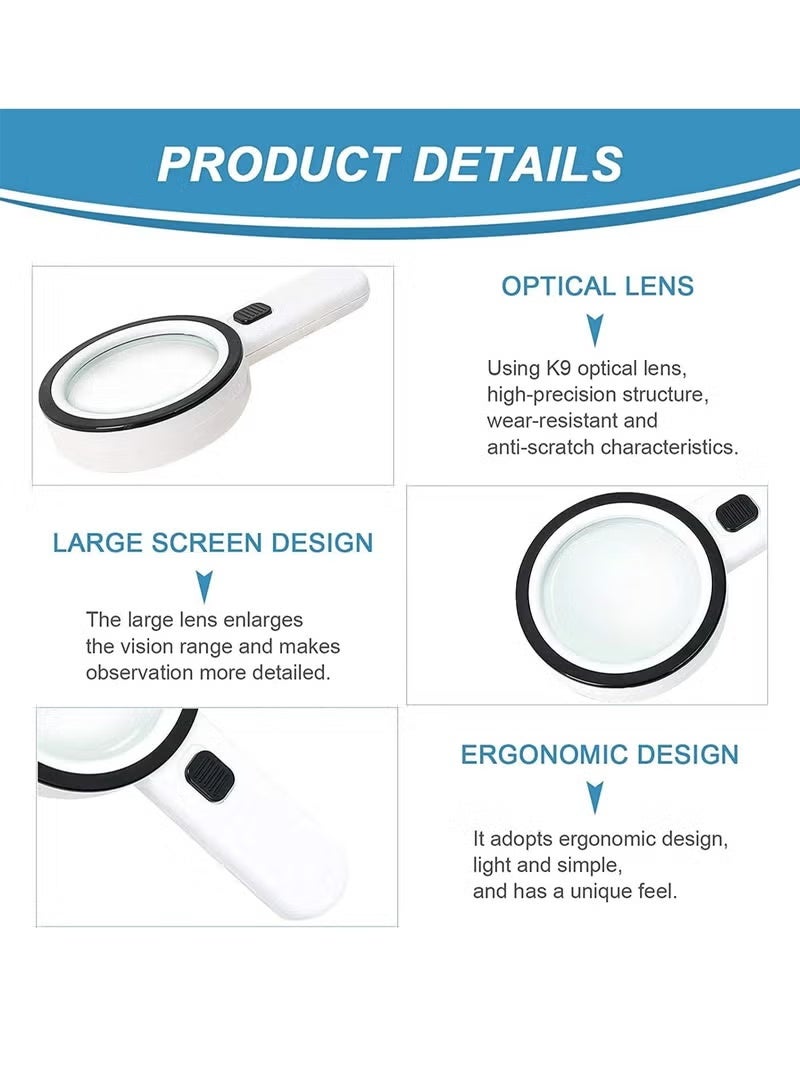 Magnifying Glass with Light, 30X Handheld Large Magnifying Glass 12 LED Illuminated Lighted Magnifier for Macular Degeneration, Seniors Reading, Soldering, Inspection, Coins, Jewellery, Exploring - Image 2