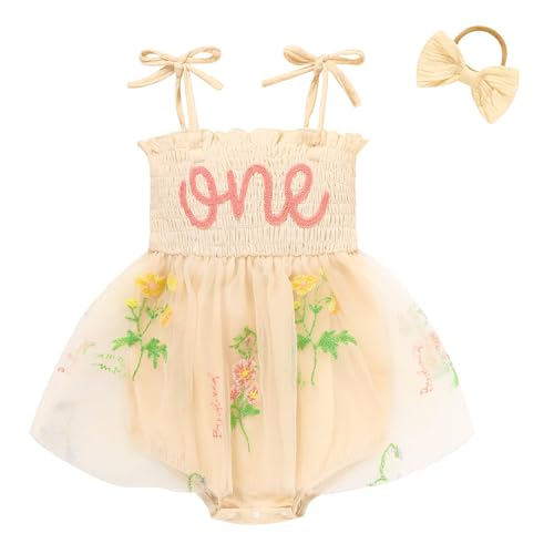 TITKKOP Baby Girl 1st Birthday Clothes One Year Old Tulle Romper Sleeveless Bodysuit Cake Smash Outfits(apricot1,12-18M) - Image 1
