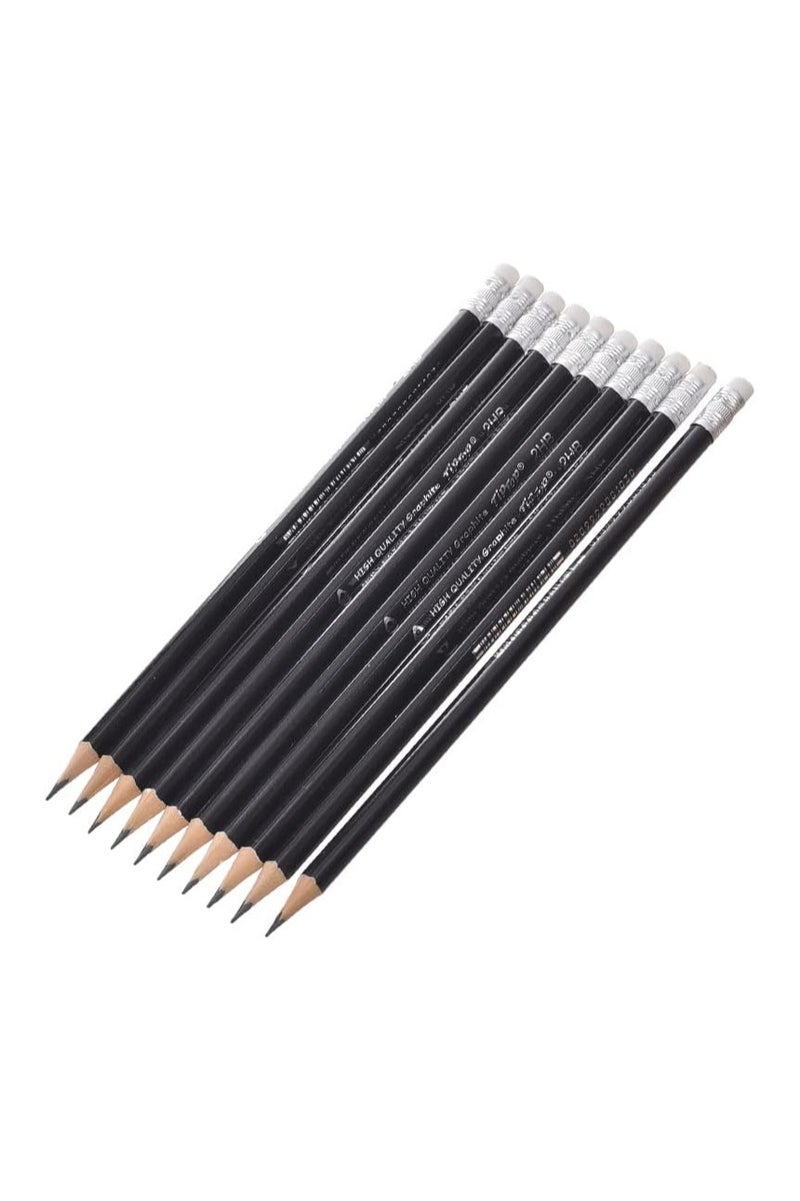 HB Graphite Pencil Set with Eraser, 12 Pieces - Black