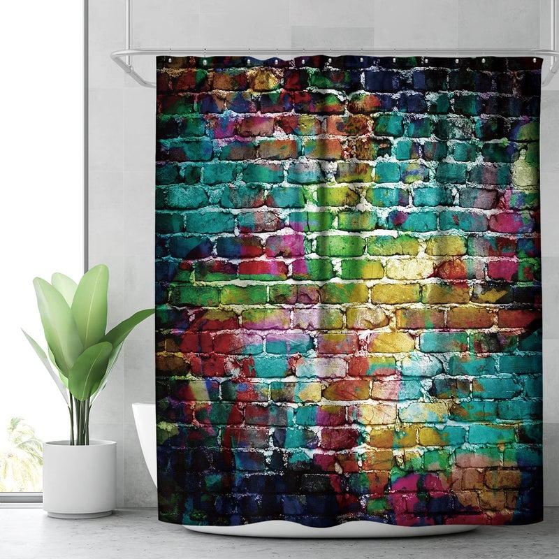 Riyidecor Riyidecor Colorful Graffiti Brick Wall Shower Curtain Hip Hop Multicolor Rainbow Painting Cool Street Fun Aesthetic Decor Fabric Bathroom Polyester Waterproof 72x72 Inch 12Pack Plastic Hooks WWVKSU