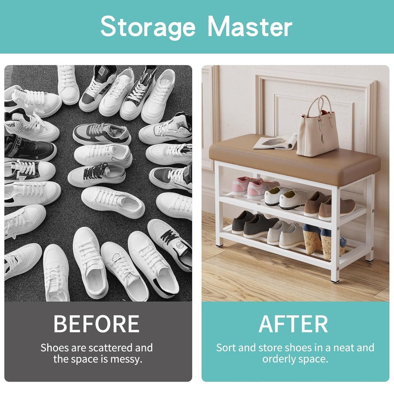 HOME CUBE 3-Tier Shoe Storage Rack With Leather Cushion Seat For Home Portable Shoe Rack Chappal Stand Sneakers Slippers Stand Footwear Shoe Rack Organizer for Entryway Living Room Office (SR-017) - Image 5