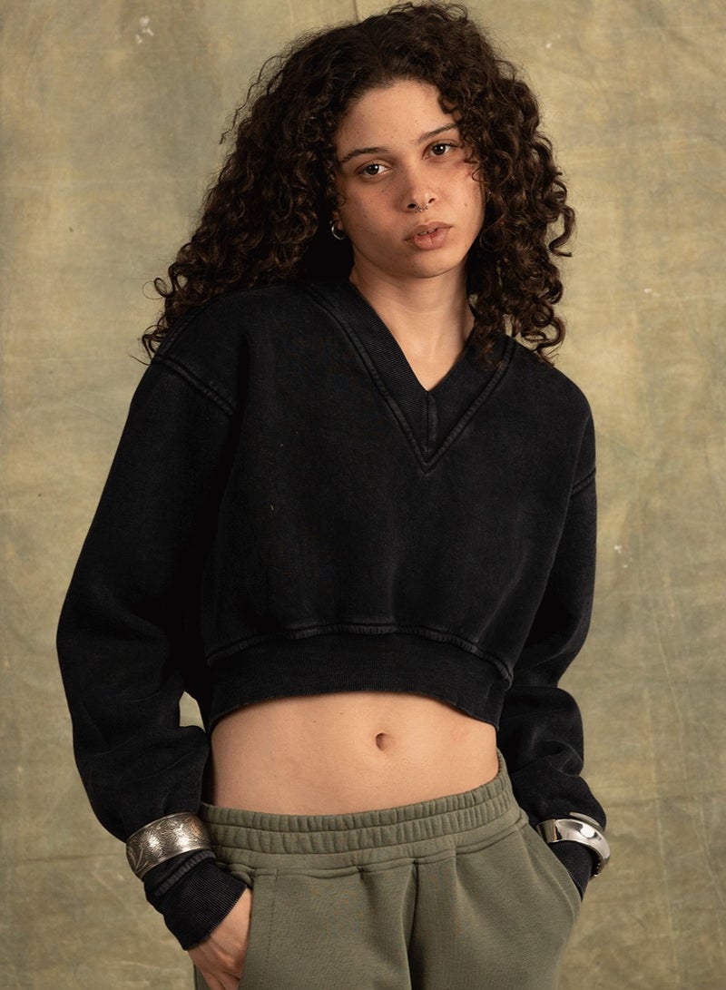 In Your Shoe Black Cropped V-Neck Sweatshirt - Image 3