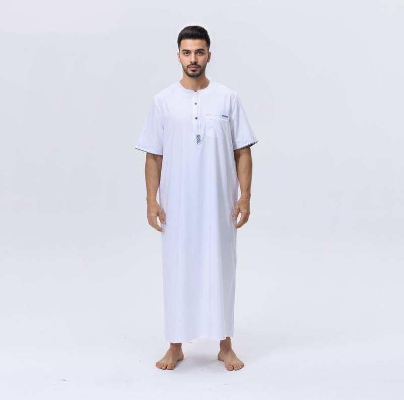 ثوب رجالي كاجوال بياقة دائرية وأكمام قصيرة، ملابس خروج أساسية، رداء طويل - Image 1