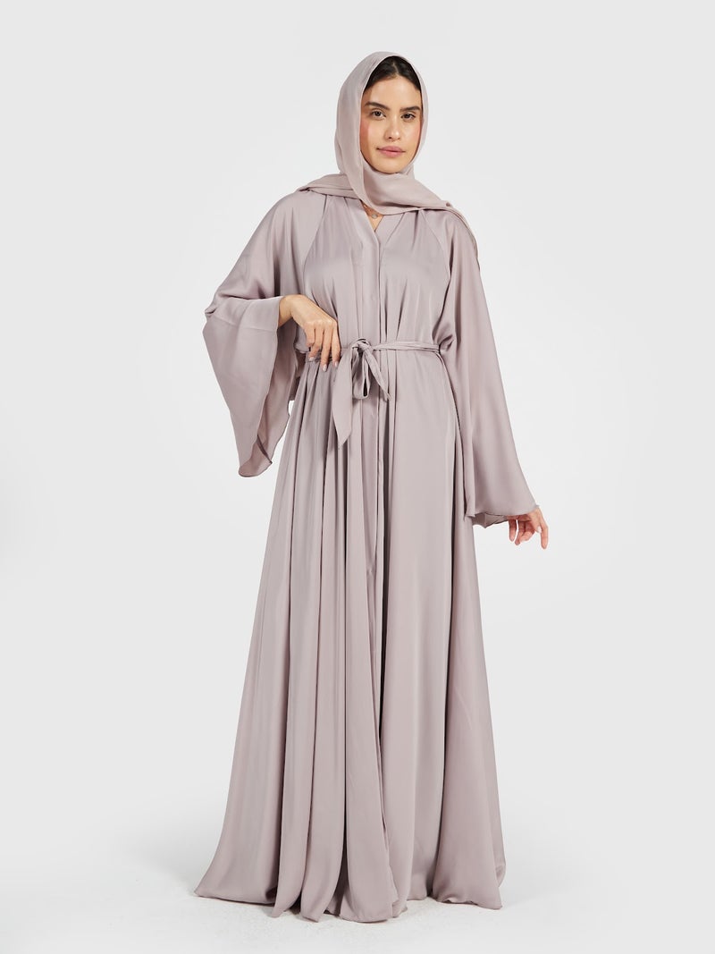 Reem Abayas Champagne Dust Satin Silk Abaya - Luxury Neutral Modest Kaftan - Image 1