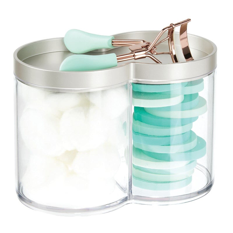 mDesign Plastic Canister Jar Organizer Set with Storage Lid - Home Decor Holder for Bathroom/Restroom Vanity Countertop, Cabinet - Holds Cotton Balls, Soap, Lumiere Collection, Clear/Matte Satin - Image 1