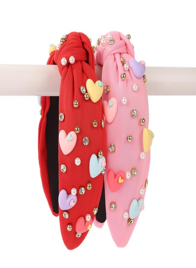 winthrop 2 Pack Valentine's Day Headband for Women Rhinestone Crystal Jeweled Love Heart Embellished Ladies Wide Top Knot Pink Red Makeup Hair Hoop Accessory Holiday Party Costume Decor Prezzie - Image 2
