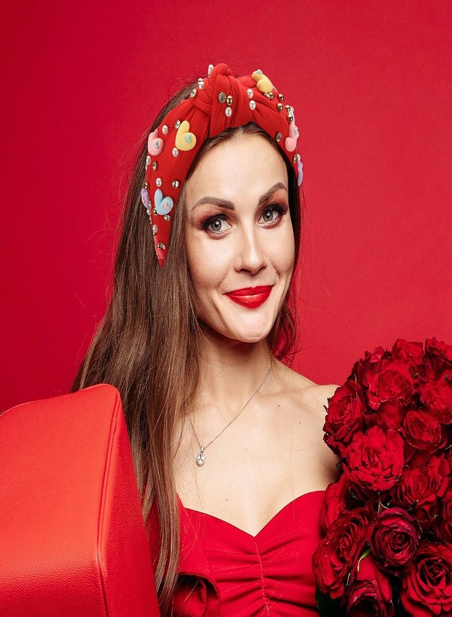 winthrop 2 Pack Valentine's Day Headband for Women Rhinestone Crystal Jeweled Love Heart Embellished Ladies Wide Top Knot Pink Red Makeup Hair Hoop Accessory Holiday Party Costume Decor Prezzie - Image 5