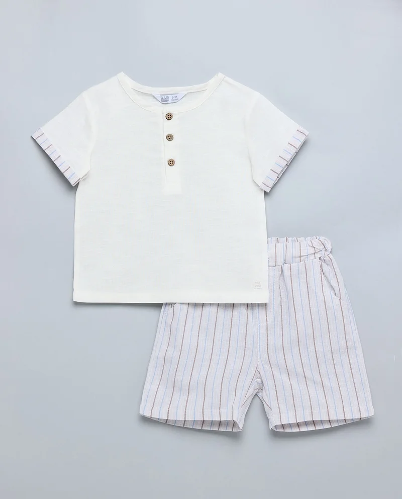 أر أند بي Solid T-Shirt and Striped Shorts Set