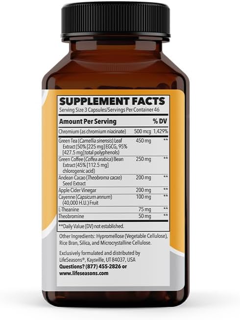 LifeSeasons Metabolism  Weight Control Support  Energy Boosting Supplement  Natural Appetite Suppressant  Curbs Cravings  Green Tea Coffee Bean Chromium Cacao  Theobromine  140 Capsules - Image 4