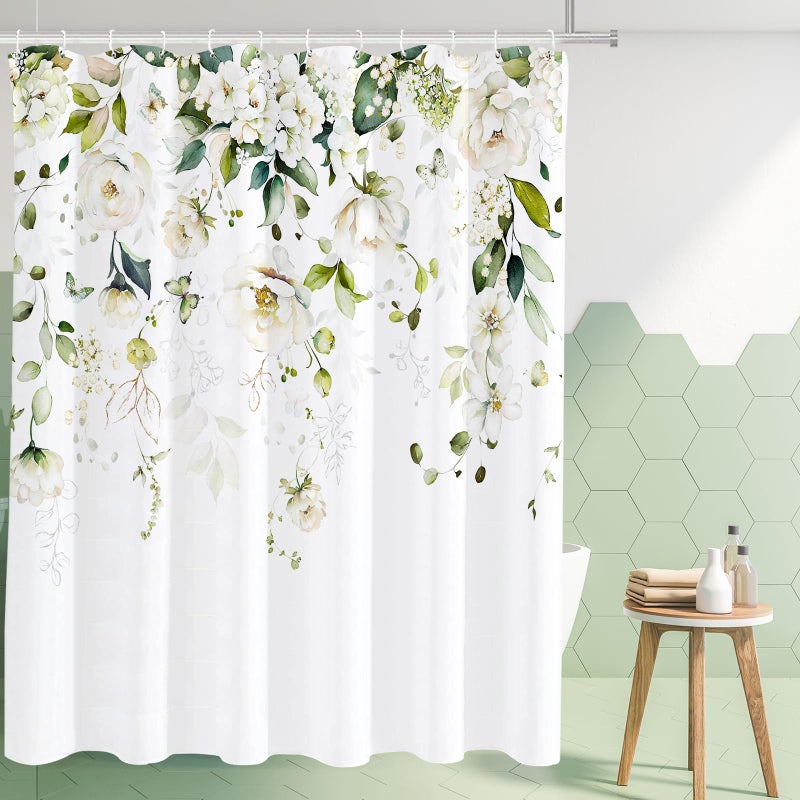 Tititex Blomming Bright White Floral Shower Curtain Watercolor Green Leaves on The Top Plant Bathroom Decoration Shower Curtain Sets 72x72 Inch with Hooks