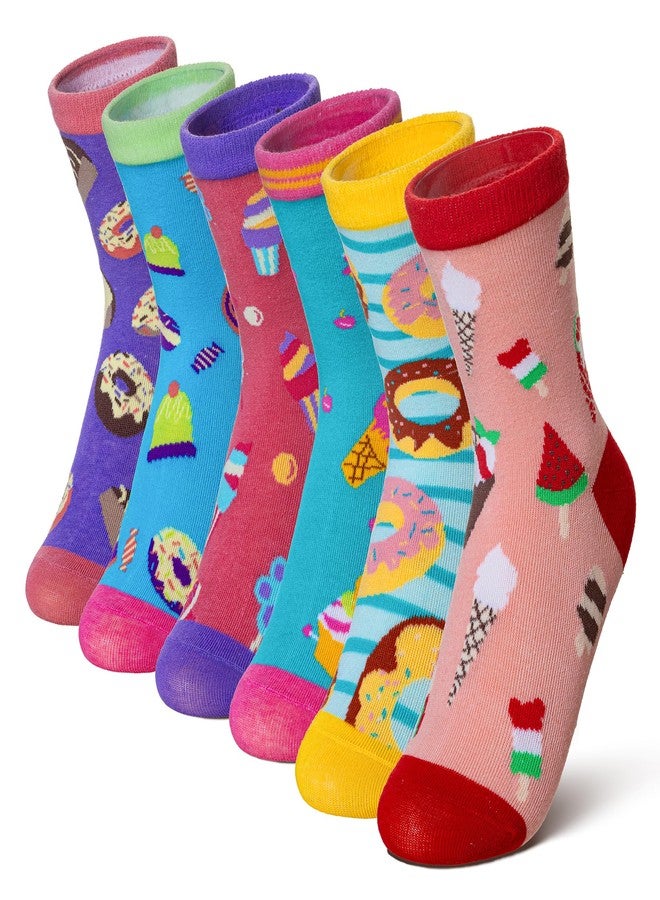 Velice Kids Girls Boys Cotton Crew Socks Funny Crazy Novelty Cartoon Cute Silly Dress Socks 6 Pairs(Cake/Ice Cream,5-8 Years) - Image 1