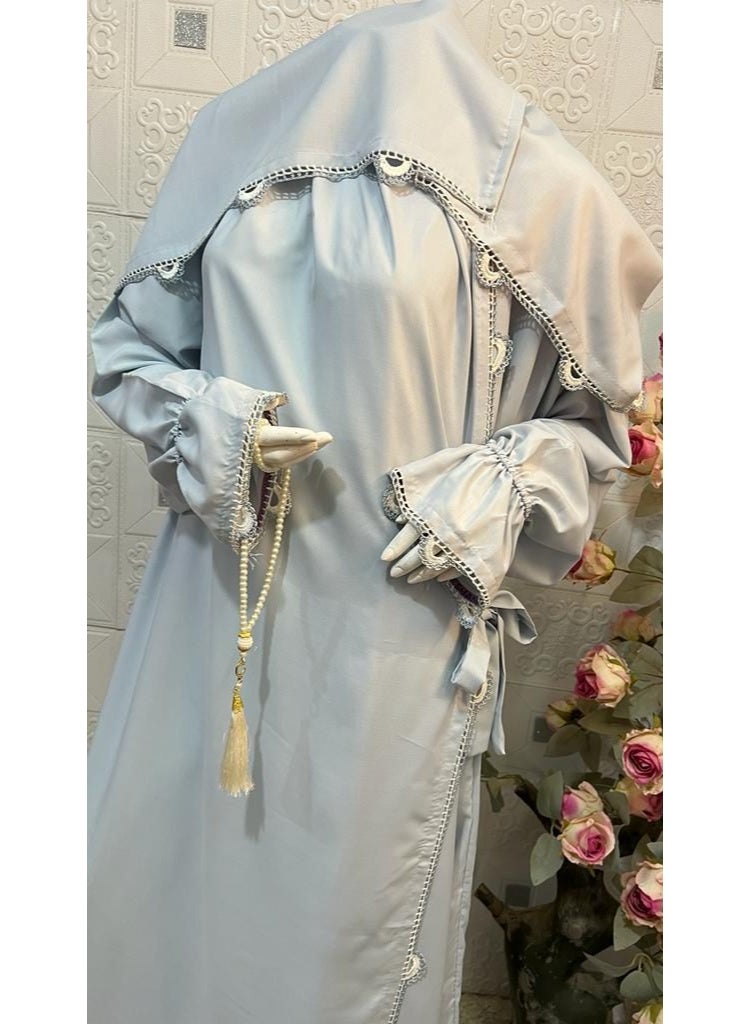 Women’s premium prayer dress made of soft lightweight fabric with an integrated headscarf and wide sleeves with ties, one size fits most, suitable for daily use and presented as an elegant gift. - Image 2