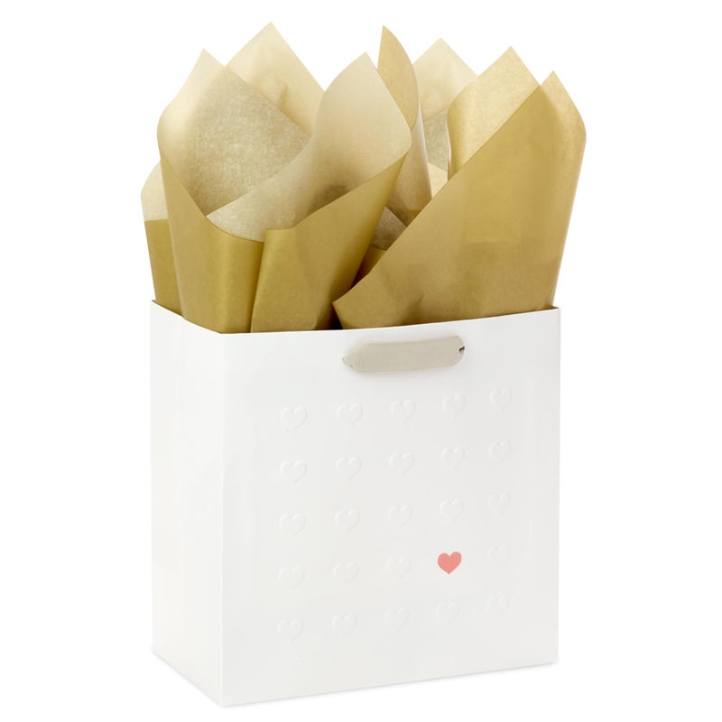 Hallmark Signature Studio 7" Medium Gift Bag with Tissue Paper (Embossed Hearts, White, Pink, Gold) for Valentine's Day, Birthdays, Mother's Day, Baby Showers, Bridal Showers - Image 1