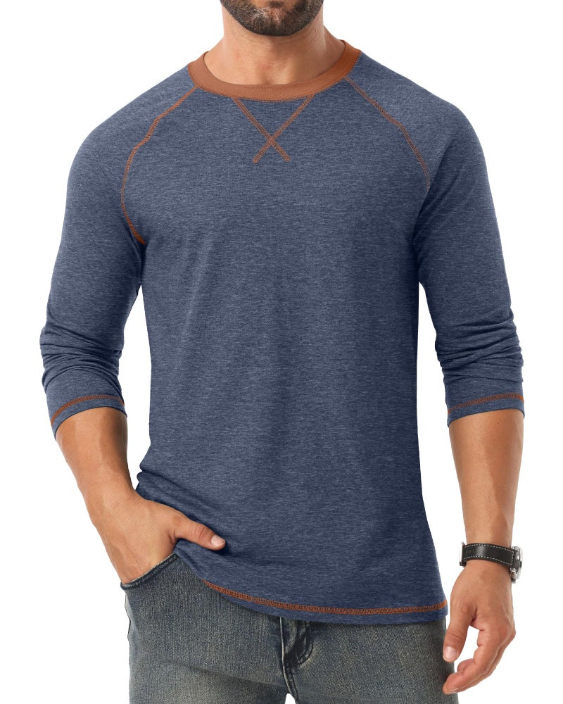 Askdeer Mens Cotton Shirts Long Sleeve Casual T-Shirts Crew Neck Soft Shirts Navy Blue - Image 2