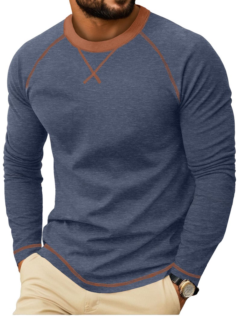 Askdeer Mens Cotton Shirts Long Sleeve Casual T-Shirts Crew Neck Soft Shirts Navy Blue - Image 1