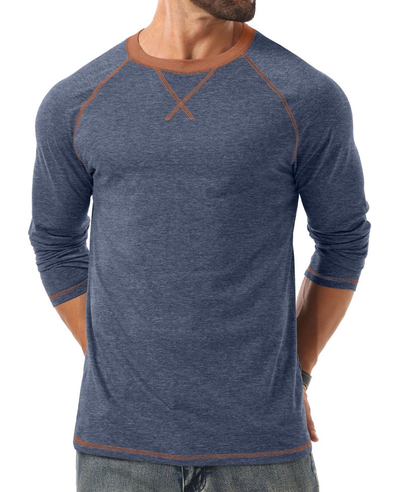 Askdeer Mens Cotton Shirts Long Sleeve Casual T-Shirts Crew Neck Soft Shirts Navy Blue - Image 4