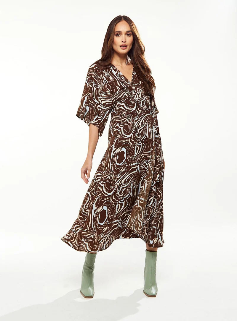 Liquorish Scribble Print Maxi Wrap Dress In Brown