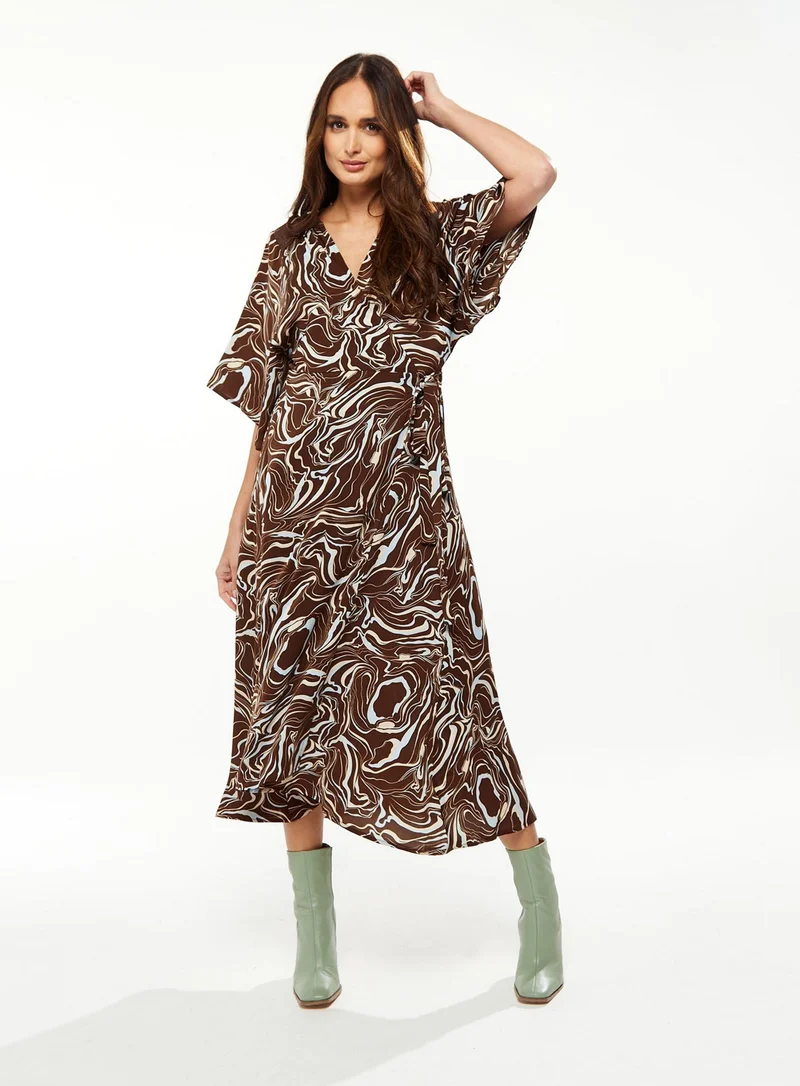 Liquorish Scribble Print Maxi Wrap Dress In Brown