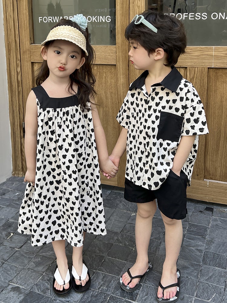 Children'S Brother And Sister'S 2025 Summer Style Boys And Girls Korean Style Loose Slip Skirt Brother And Sister'S Children'S Short-Sleeved Shorts Two-Piece Set - Image 5