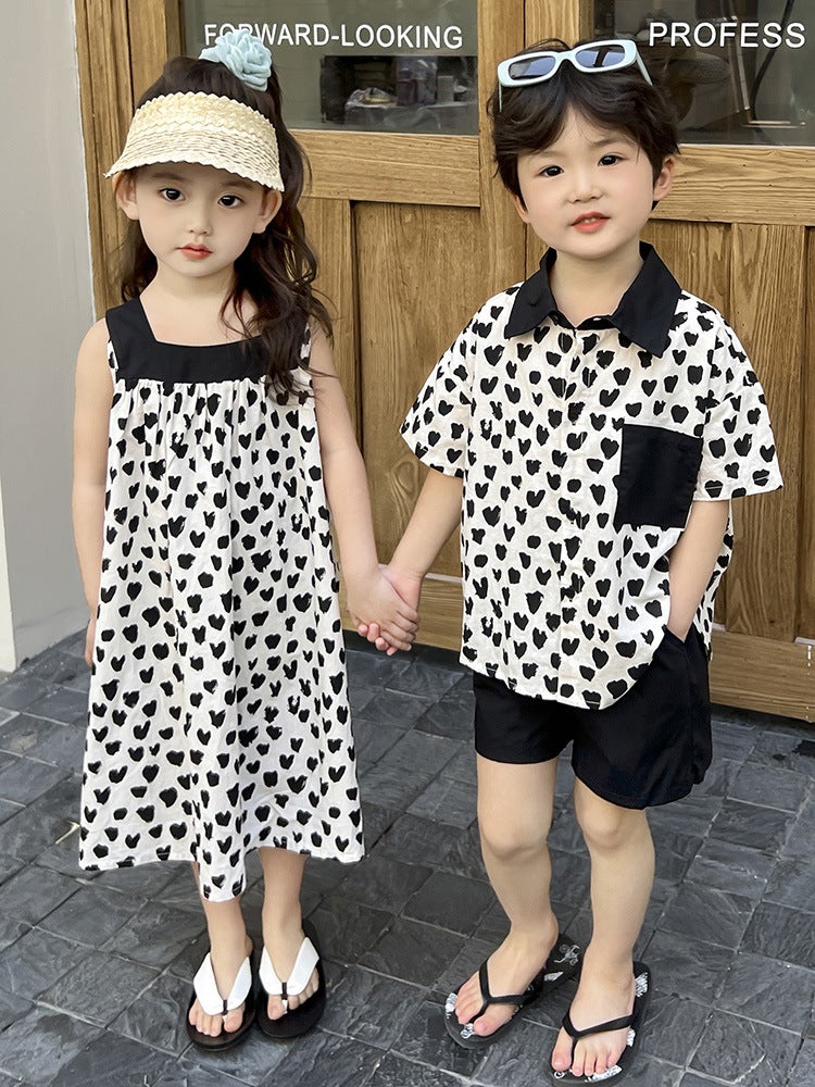 Children'S Brother And Sister'S 2025 Summer Style Boys And Girls Korean Style Loose Slip Skirt Brother And Sister'S Children'S Short-Sleeved Shorts Two-Piece Set - Image 2
