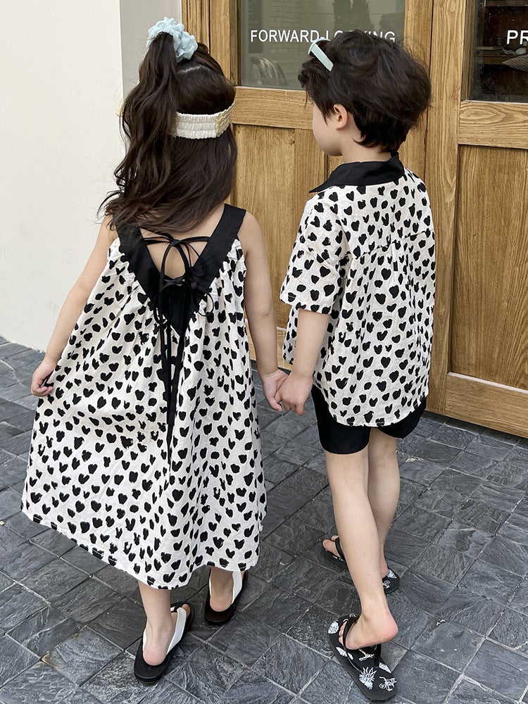 Children'S Brother And Sister'S 2025 Summer Style Boys And Girls Korean Style Loose Slip Skirt Brother And Sister'S Children'S Short-Sleeved Shorts Two-Piece Set - Image 3