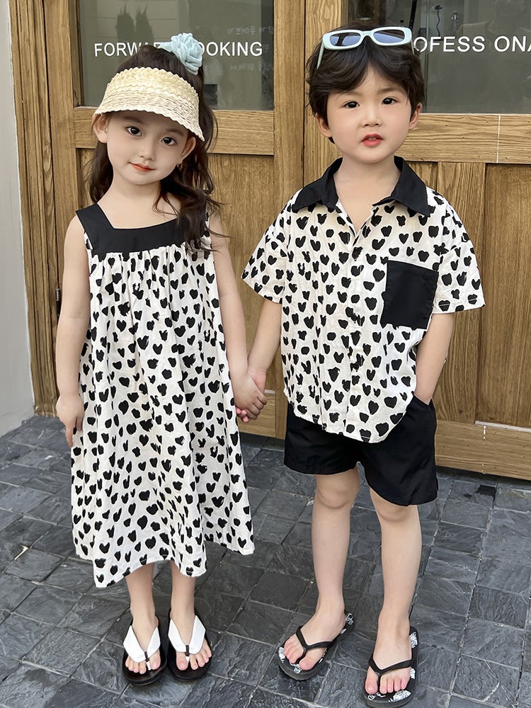 Children'S Brother And Sister'S 2025 Summer Style Boys And Girls Korean Style Loose Slip Skirt Brother And Sister'S Children'S Short-Sleeved Shorts Two-Piece Set - Image 4
