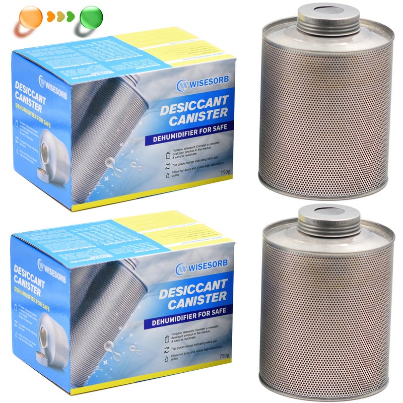 Wisesorb 750 Grams Gun Safe Dehumidifier 2 Pack Reusable Canister Desiccant Dehumidifier Rechargeable 165 Lbs Indicating Silica Gel Orange to Green