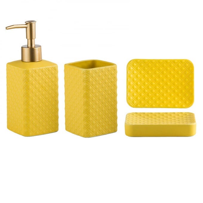 3 OR 4PIECE CERAMIC BATH ACCESSORY SET INCLUDES LIQUID SOAP LOTION DISPENSER TOOTHBRUSH HOLDER TUMBLER SOAP DISH EMBOSSED MATTE BATHROOM GIFT SET EMBOSSED MATTE YELLOW THREEPIECE SUIT