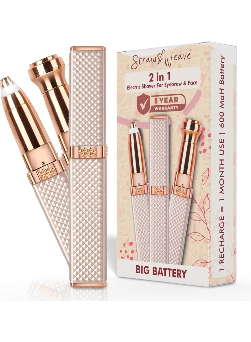 STRAW&WEAVE جهاز تشذيب الحواجب للنساء، مزيل شعر الأنف والوجه، جهاز تشذيب 2 في 1 | مزيل شعر المناطق الحساسة | ضمان لمدة عام | جهاز تشذيب شعر الوجه قابل لإعادة الشحن ببطارية 400 مللي أمبير للنساء - Image 1
