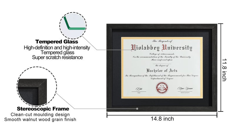 VIOLABBEY 11x14 Shadow Diploma Frames Matte Black, Fits 8.5x11 Certificate or 11x14 College Degree with or without Mat, HD Semi-tempered Glass, Wall or Tabletop Display (Black Gold Double) - Image 2