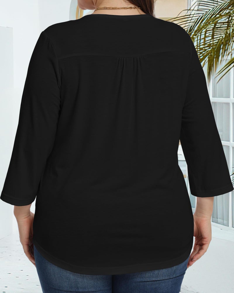 JOELLYUS Womens Plus Size Tops 3/4 Sleeve Shirts Casual Roundneck Tunics Top Pleated Spring Summer Blouse(Black, 3XL) - Image 4