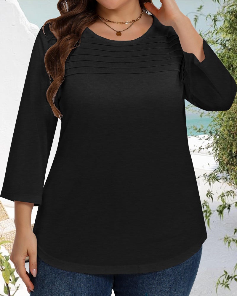 JOELLYUS Womens Plus Size Tops 3/4 Sleeve Shirts Casual Roundneck Tunics Top Pleated Spring Summer Blouse(Black, 3XL) - Image 2