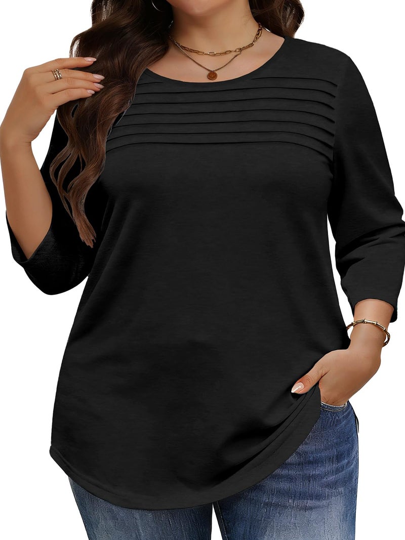 JOELLYUS Womens Plus Size Tops 3/4 Sleeve Shirts Casual Roundneck Tunics Top Pleated Spring Summer Blouse(Black, 3XL) - Image 1