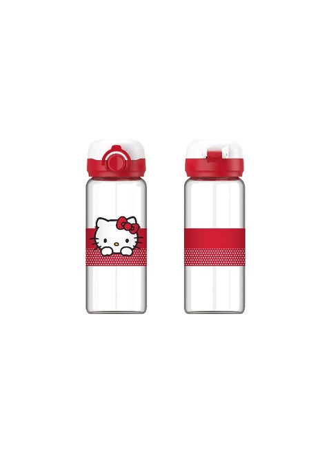Sip in style with this 410mL Hello Kitty glass bottle featuring a convenient flip top lid.