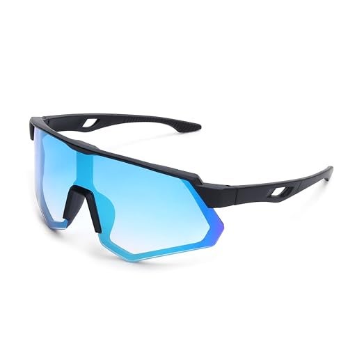 Dervin One Piece Shield Sports Oversized Visor Non Polarized Sunglasses for Men Women, Outdoor Cricket Cycling Hiking Fishing Sunglasses (Black-Ice Blue) - Image 1