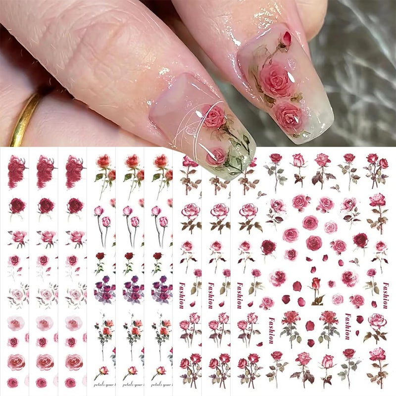 WOKOTO 9 Sheets Flower Nail Art Stickers for Hel Nails 3D SelfAdhesive Pink Red Rose Nail Decals Floral Designs Nail Stickers for Acrylic Nails Art Red Rose Nail Art Design Stickers for Women