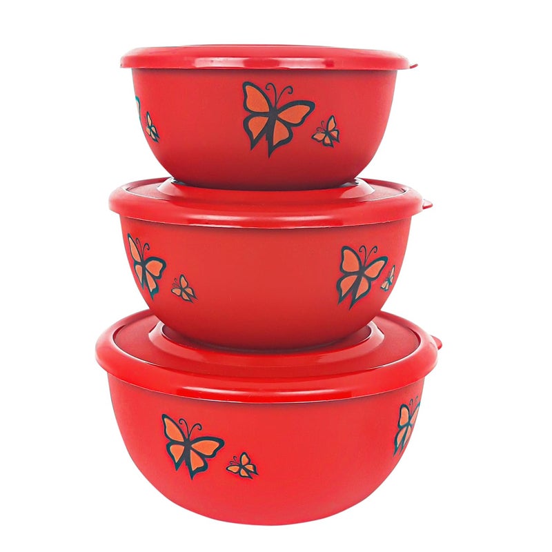 Zaib Steel Mxing Bowl | Micrwoave Safe Stainless Steel Containers for Kitchen with Lid Set of 3 (Red Butterfly 3 Classic) - Image 1
