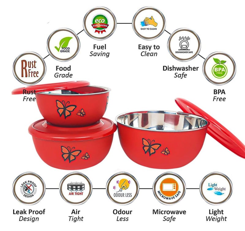 Zaib Steel Mxing Bowl | Micrwoave Safe Stainless Steel Containers for Kitchen with Lid Set of 3 (Red Butterfly 3 Classic) - Image 2